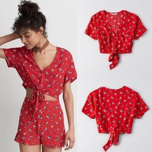 American Eagle Red Floral Button Tie-Front Crop Top Size L NWT Beach Boho Hippie